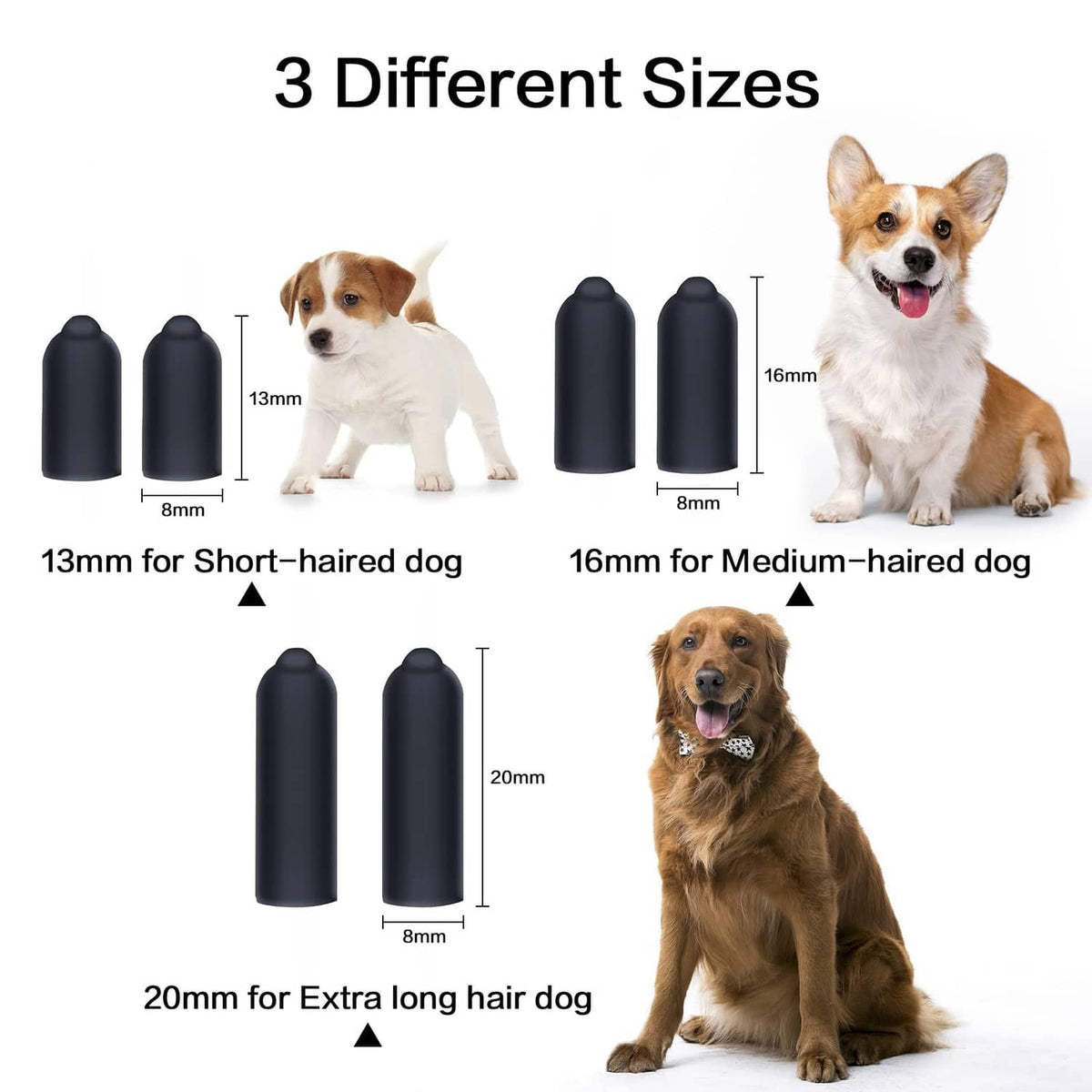Three sizes of black rubber collar tips shown with dogs wearing training collars