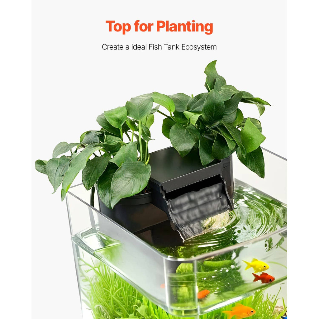 Clear plastic aquarium tank with open top planting area and leafy plants above water