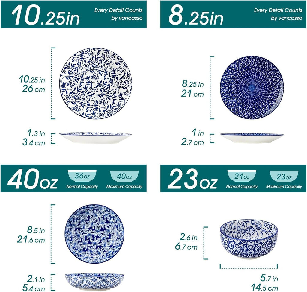 Blue and white dinnerware set size diagrams for plates and bowls
