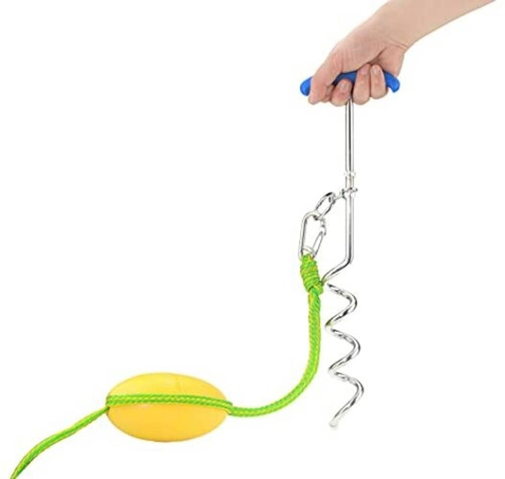 Handheld anchor screw with blue cap, green rope, and yellow buoy