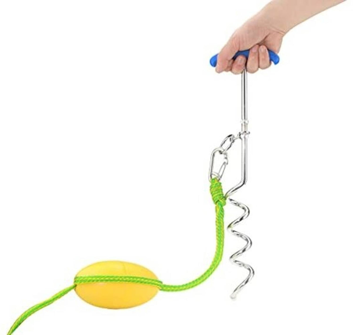 Handheld anchor screw with blue cap, green rope, and yellow buoy