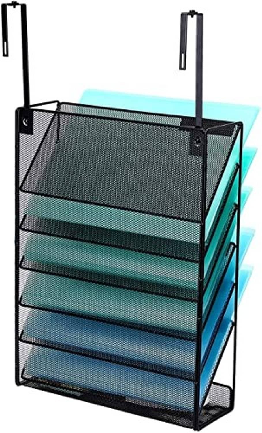 Wall-mounted file organizer with black mesh frame and layered document trays