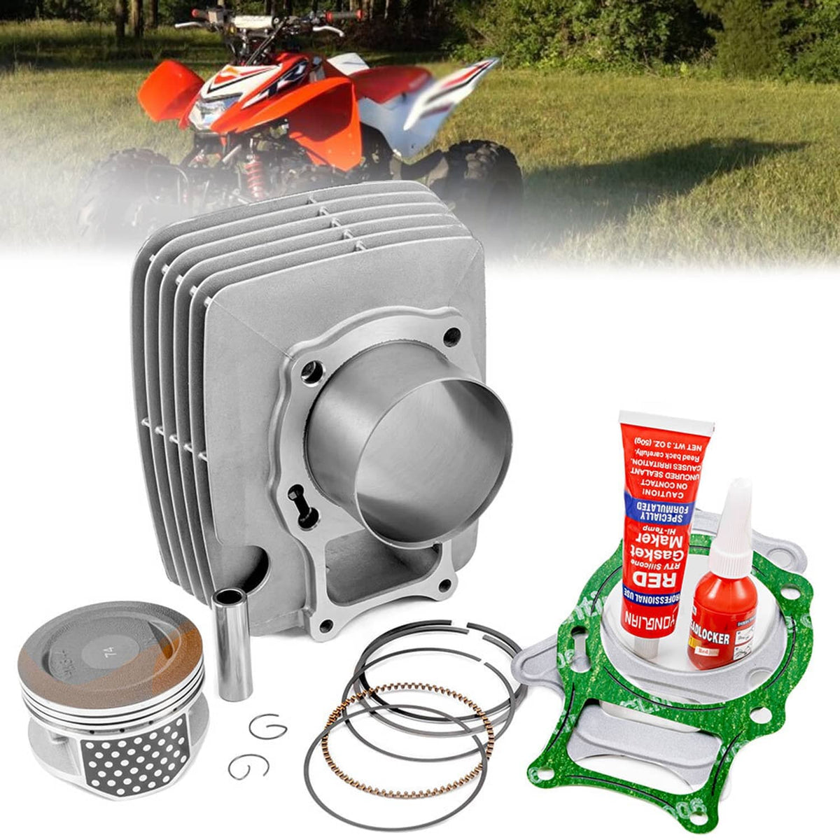 Cylinder top end kit with silver cylinder, piston, piston rings, and green base gasket