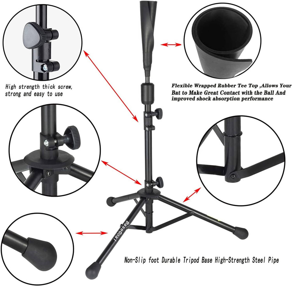 Portable baseball tee tripod stand with height adjustment and flexible rubber tee top.