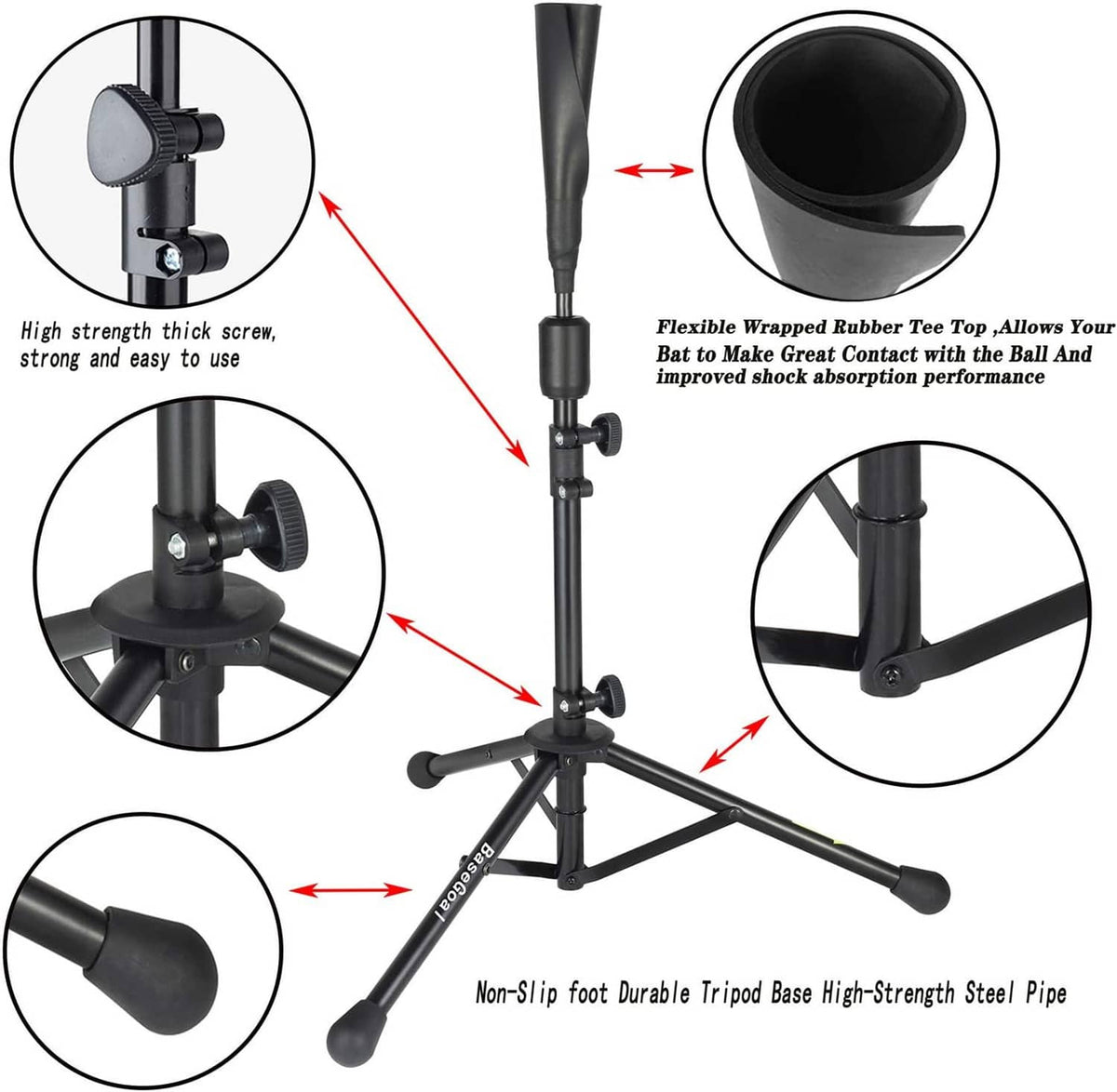 Portable baseball tee tripod stand with height adjustment and flexible rubber tee top.
