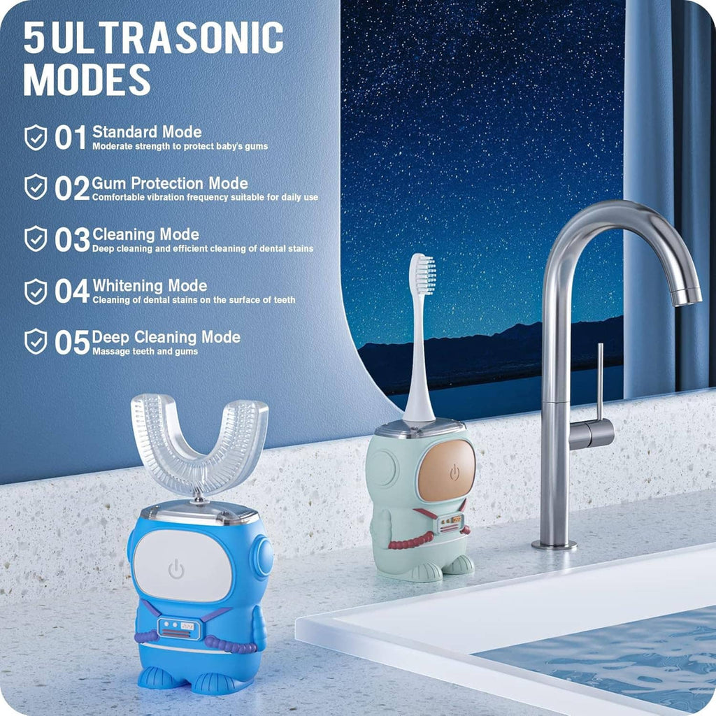 Blue and white kids electric toothbrush with U-shaped cleaning head and standing base