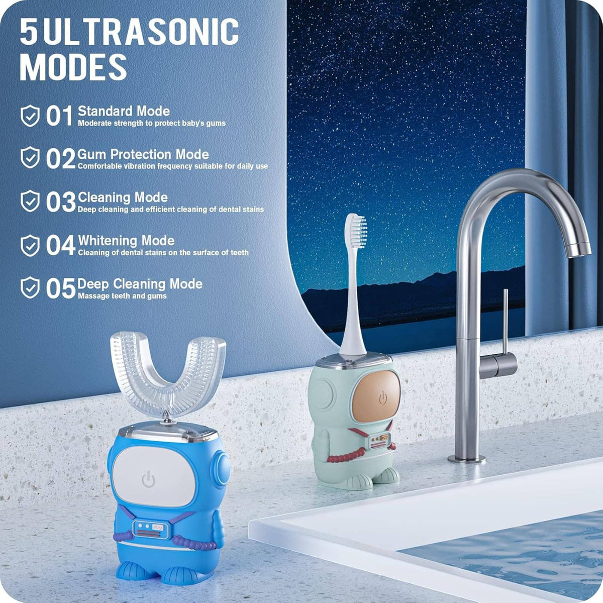 Blue and white kids electric toothbrush with U-shaped cleaning head and standing base