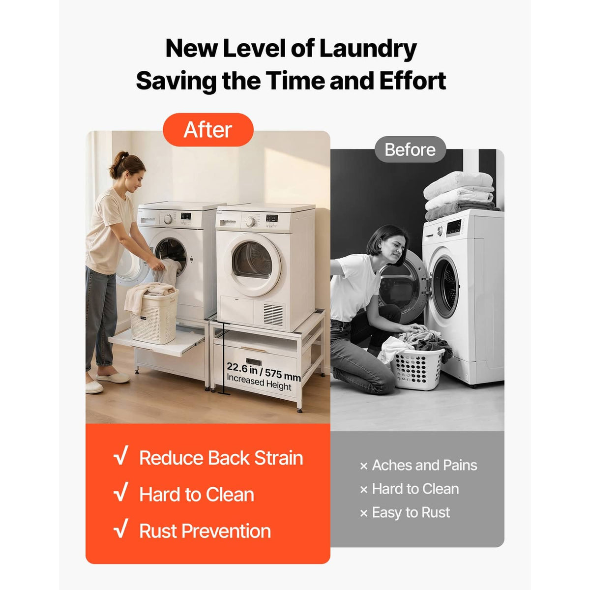 White laundry washer base with storage tray and drawers for easier loading