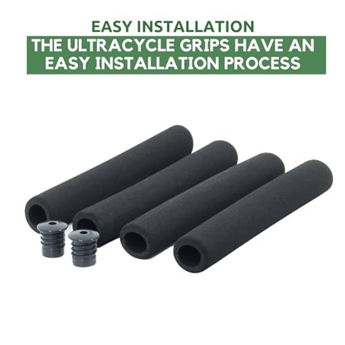 Black foam bicycle handlebar grips laid out with metal bar-end pieces included