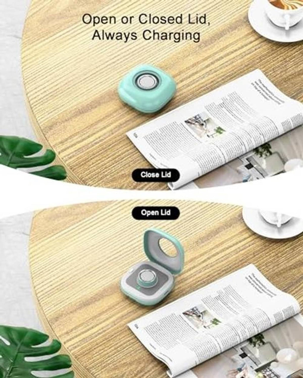 Teal charging case shown open and closed, with round lid opening