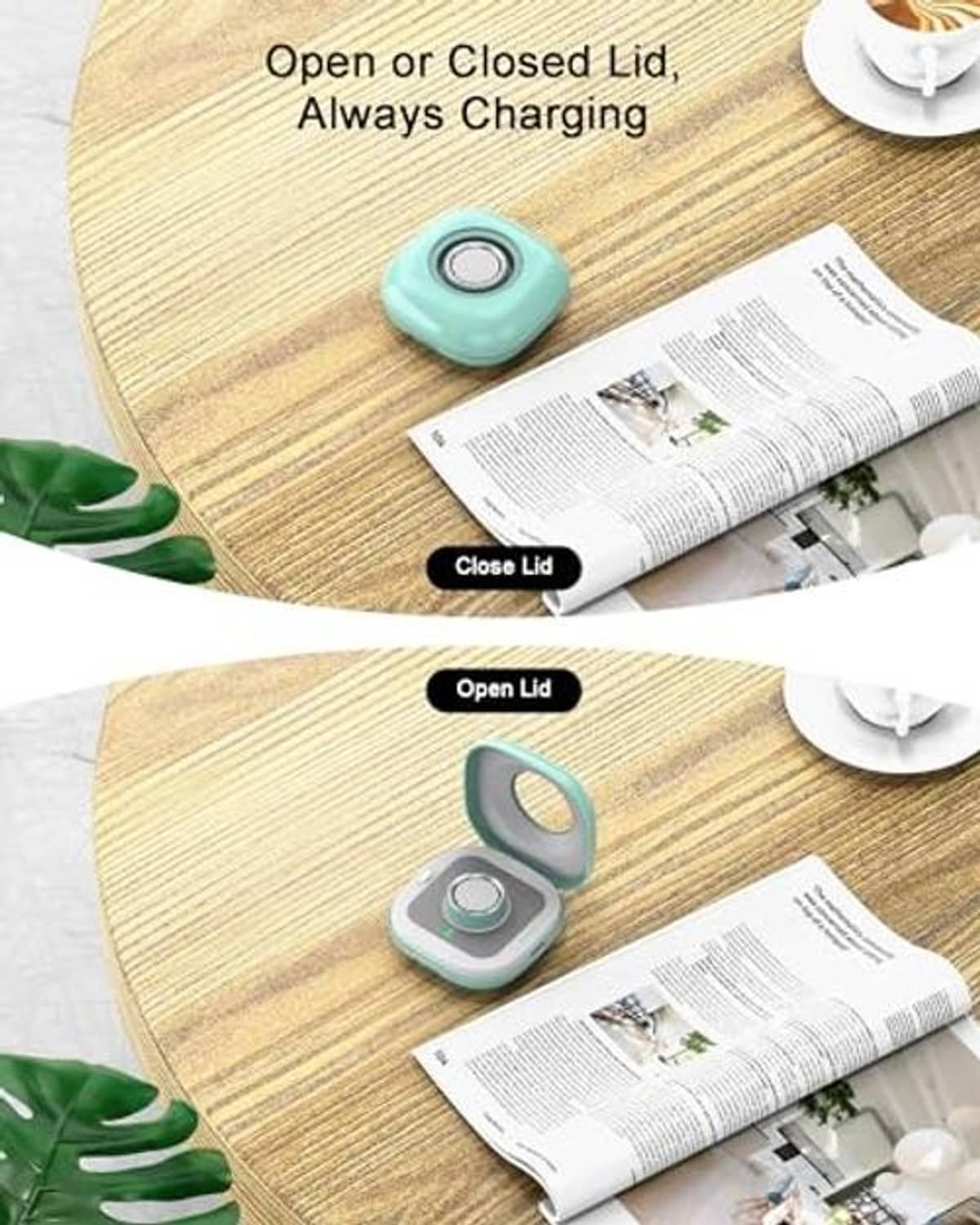 Teal charging case shown open and closed, with round lid opening