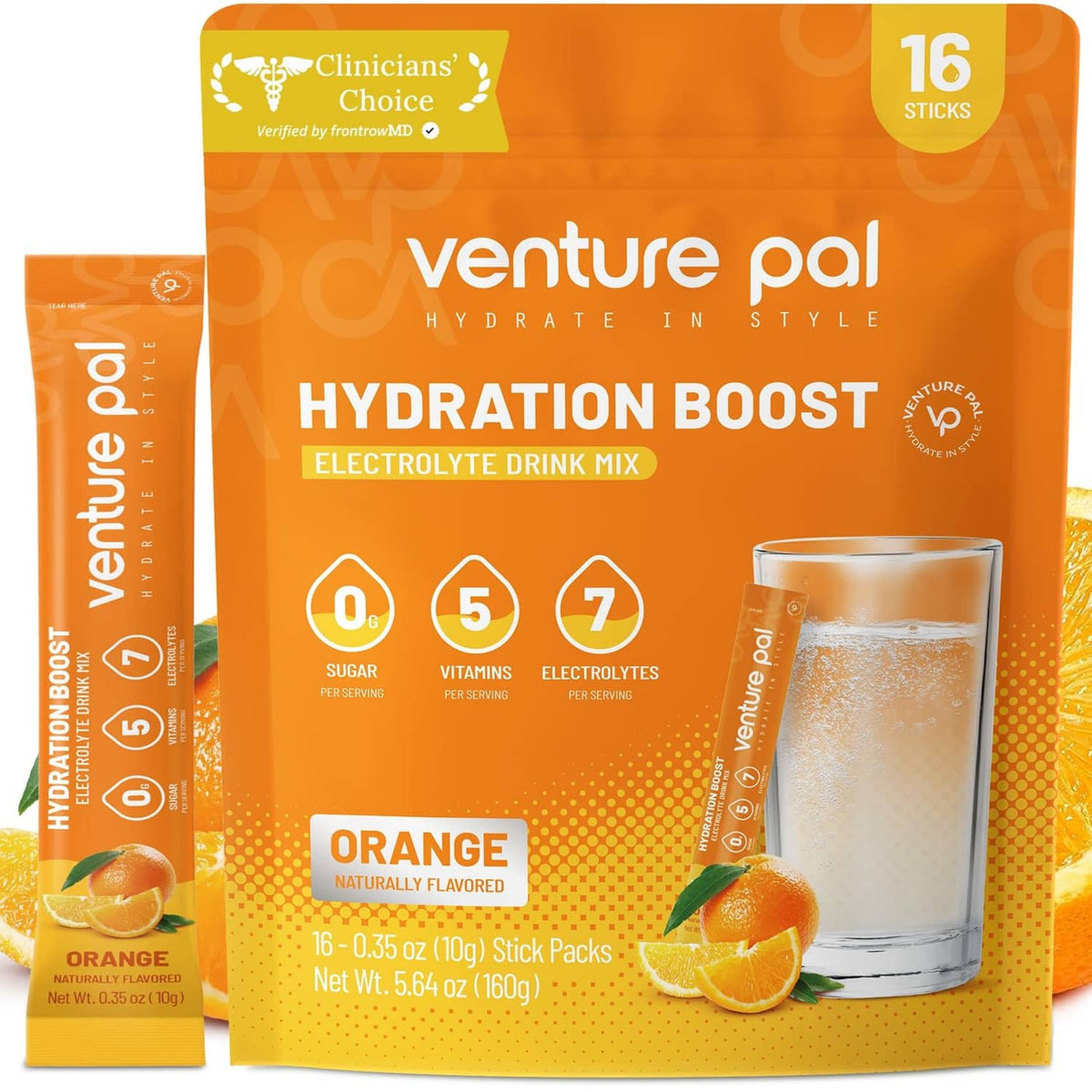 Orange sugar-free electrolyte drink mix pouch with hydration boost label and stick