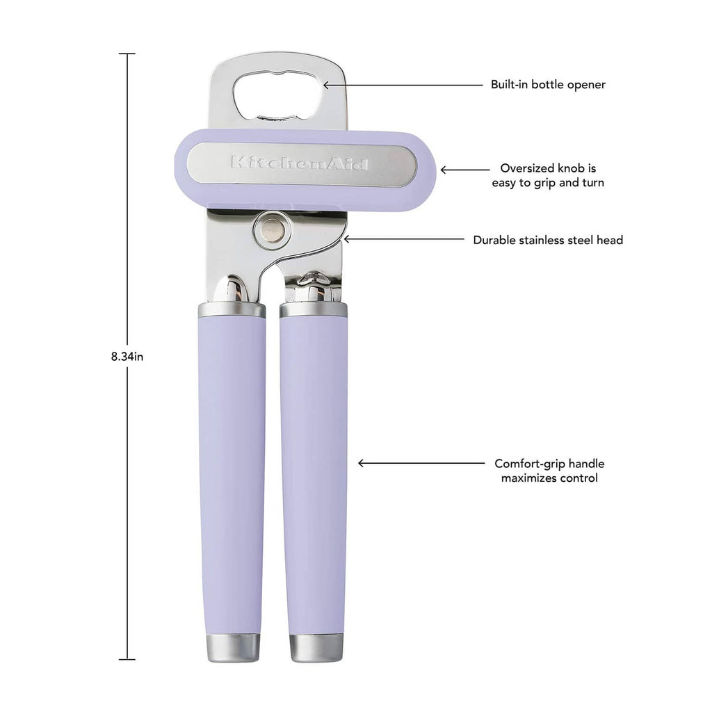 Lavender can opener with built-in bottle opener and stainless steel cutting head.