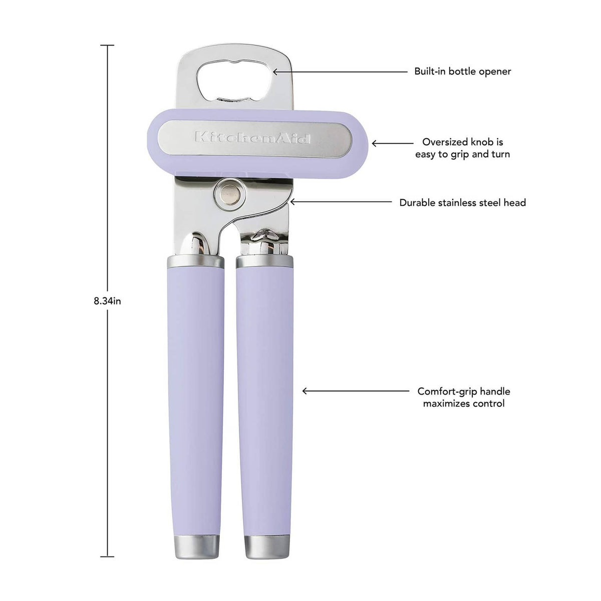 Lavender can opener with built-in bottle opener and stainless steel cutting head.
