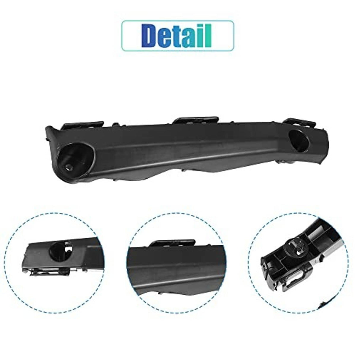Black front bumper retainer bracket with close-up detail of ends and mounting clips