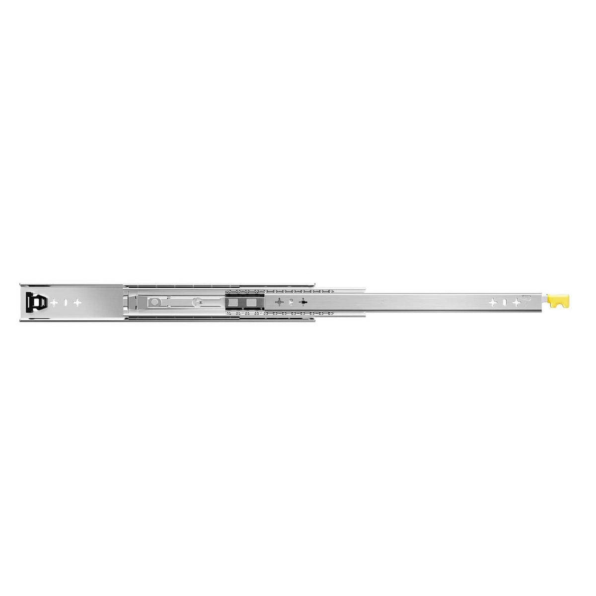 Ball bearing drawer slide rail with yellow lock release tab, side view