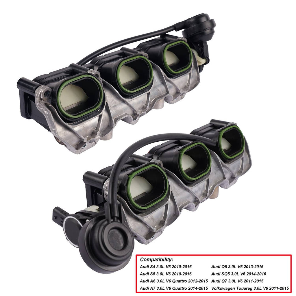 Intake manifold pair with silver housing, black plastic, and green O-rings