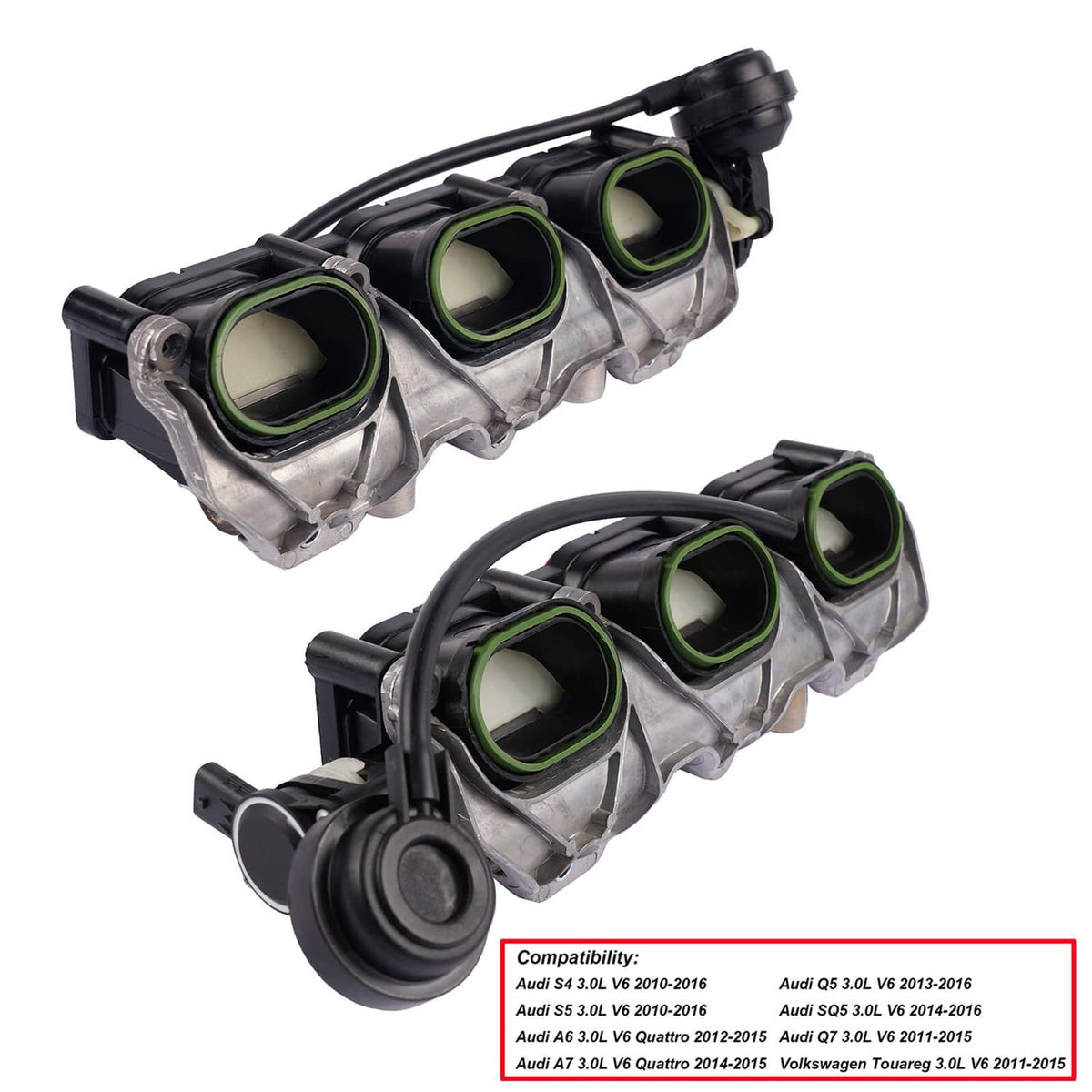 Intake manifold pair with silver housing, black plastic, and green O-rings