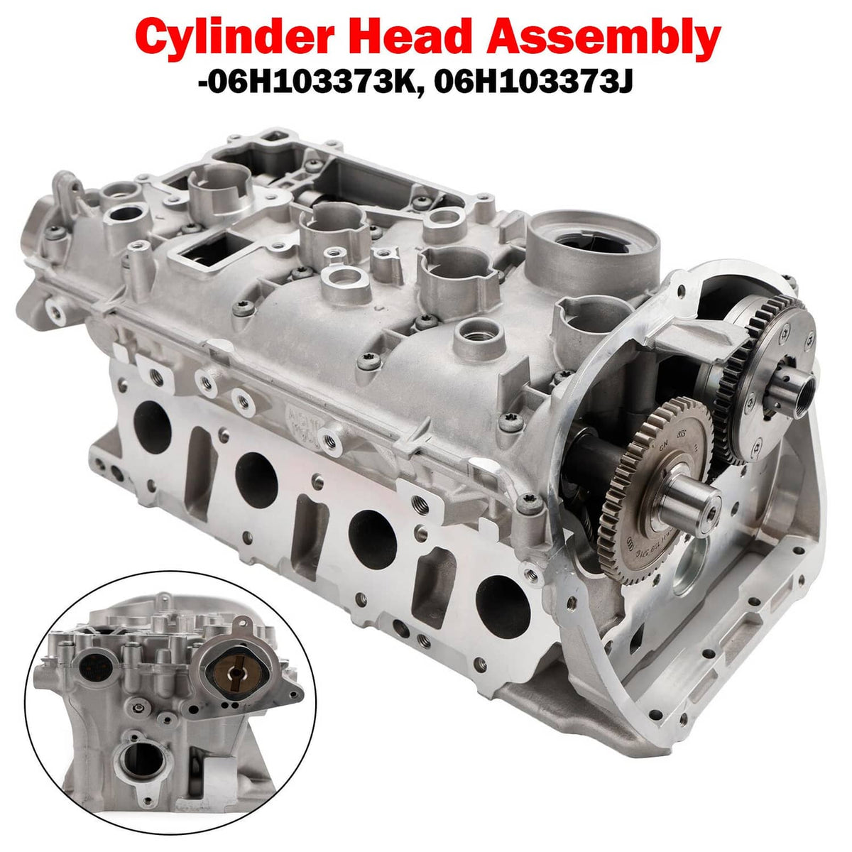 Cylinder head assembly showing cam area, oil passages, and mounting bolt holes