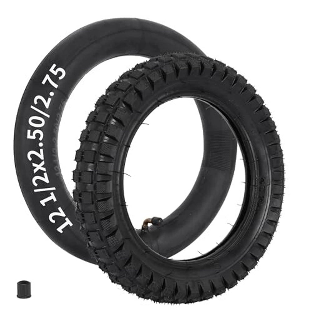 Black 12.5x2.75 tire with inner tube, tread pattern and valve stem detail.