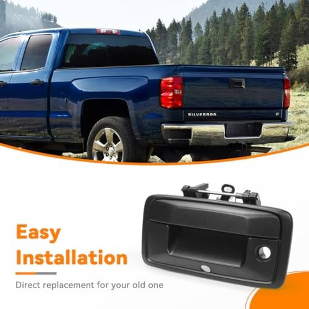 Black tailgate exterior handle shown near a pickup truck tailgate