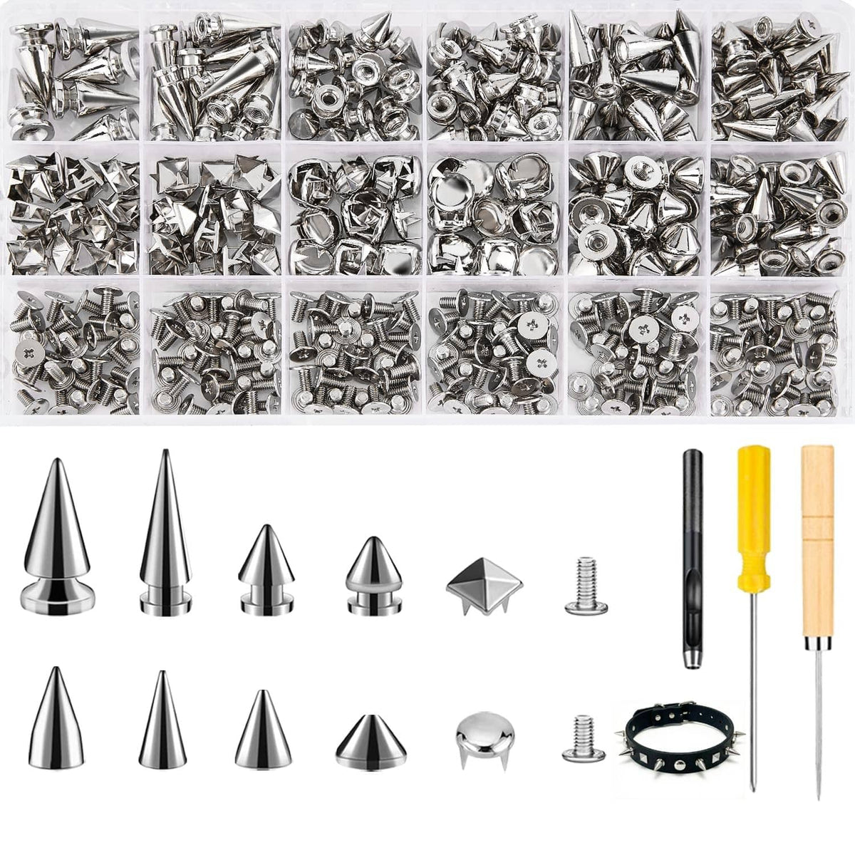 Craluuur 455-piece punk spikes and studs kit, silver cone spikes and dome studs in boxes