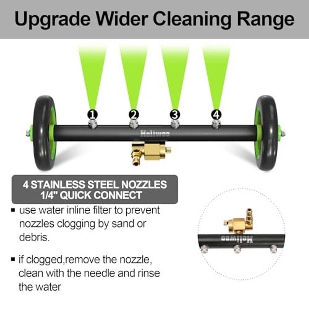 Undercarriage washer nozzle bar with four stainless-steel nozzles and green end wheels