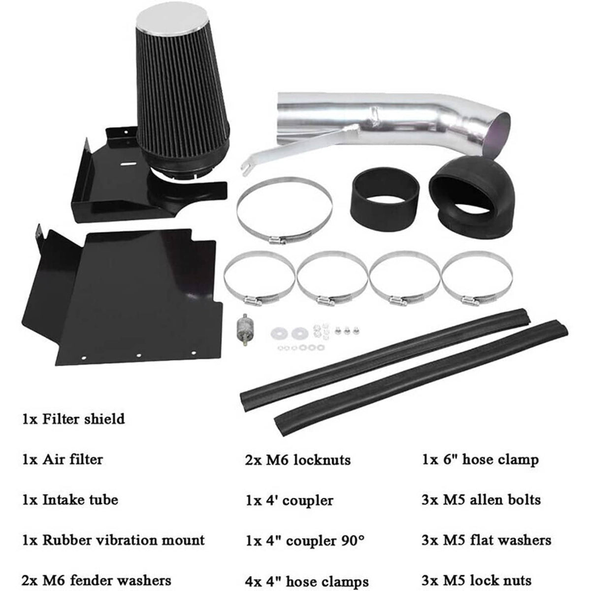 Cold air intake kit parts set with cone air filter, intake tube, heat shield, clamps
