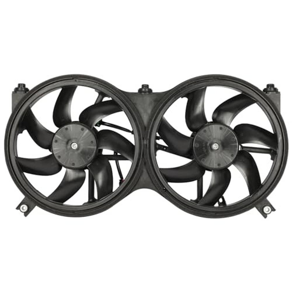Dual engine cooling fan with two circular black fan blades and mounting points