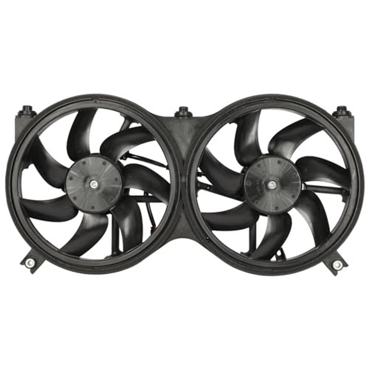 Dual engine cooling fan with two circular black fan blades and mounting points