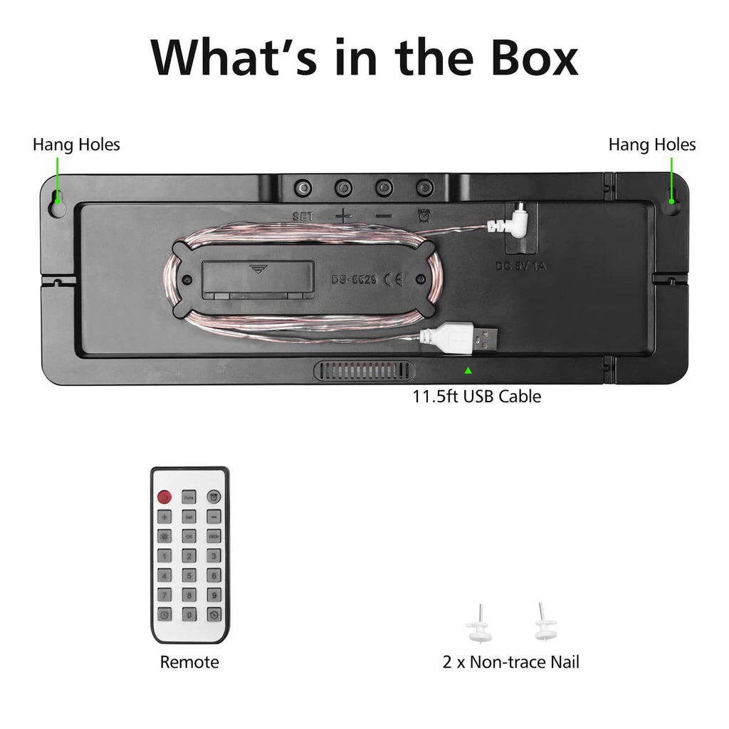 Digital wall clock parts: remote, back housing, USB cable, and non-trail mounting nails