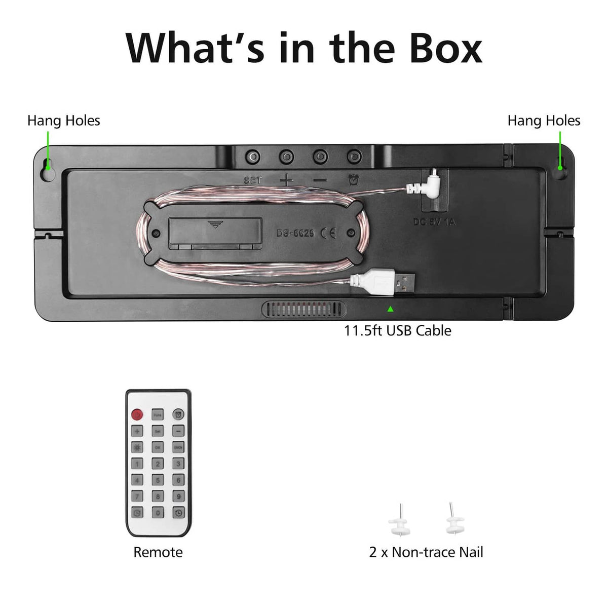 Digital wall clock parts: remote, back housing, USB cable, and non-trail mounting nails