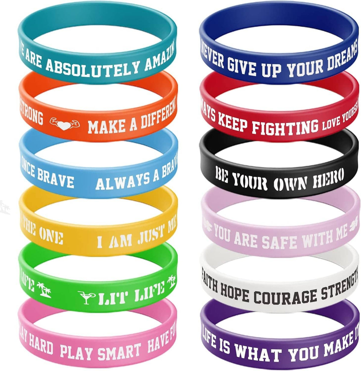 Set of 12 silicone motivational rubber bracelets in teal, blue, orange, red, black, white