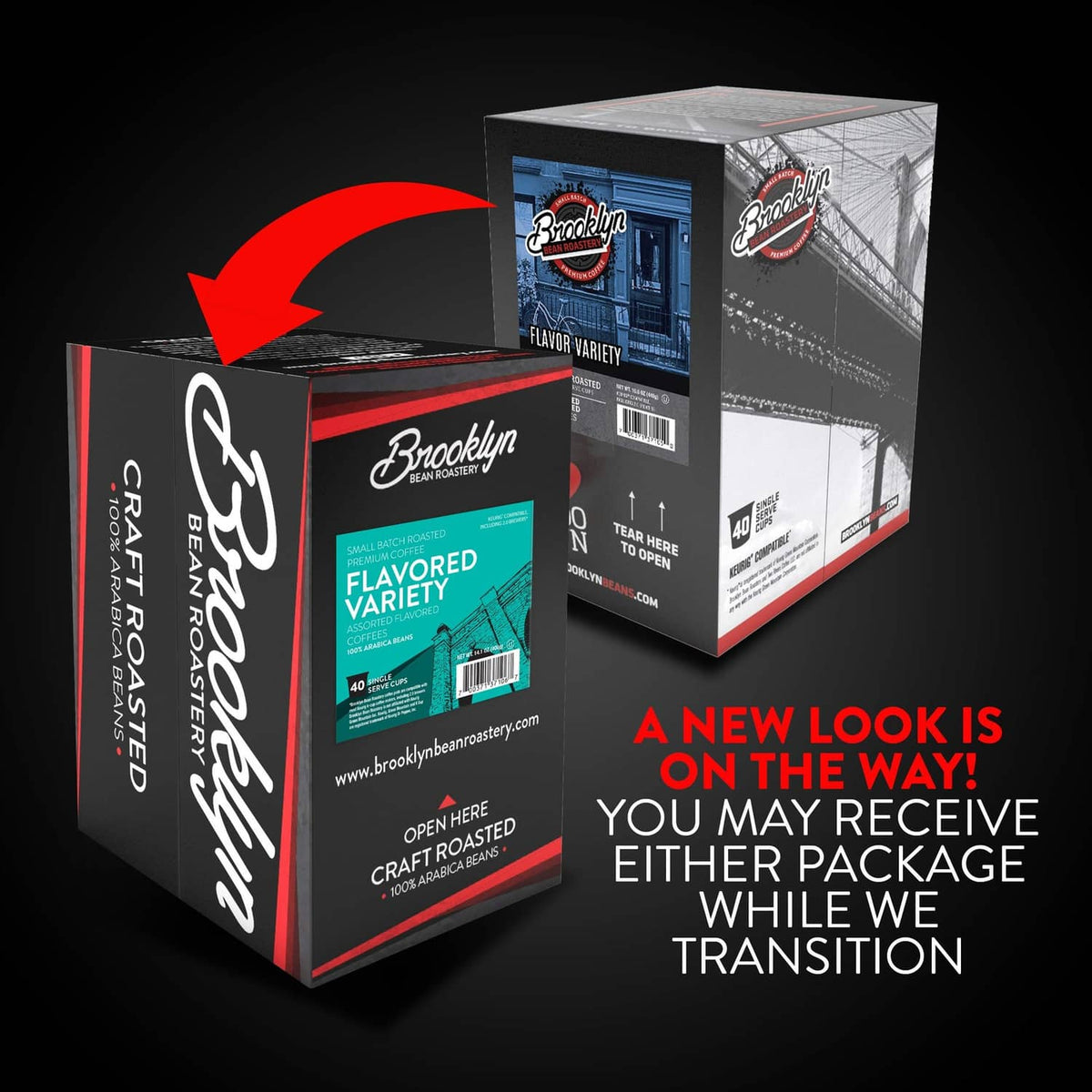 Three coffee pod boxes with delivery transition graphic