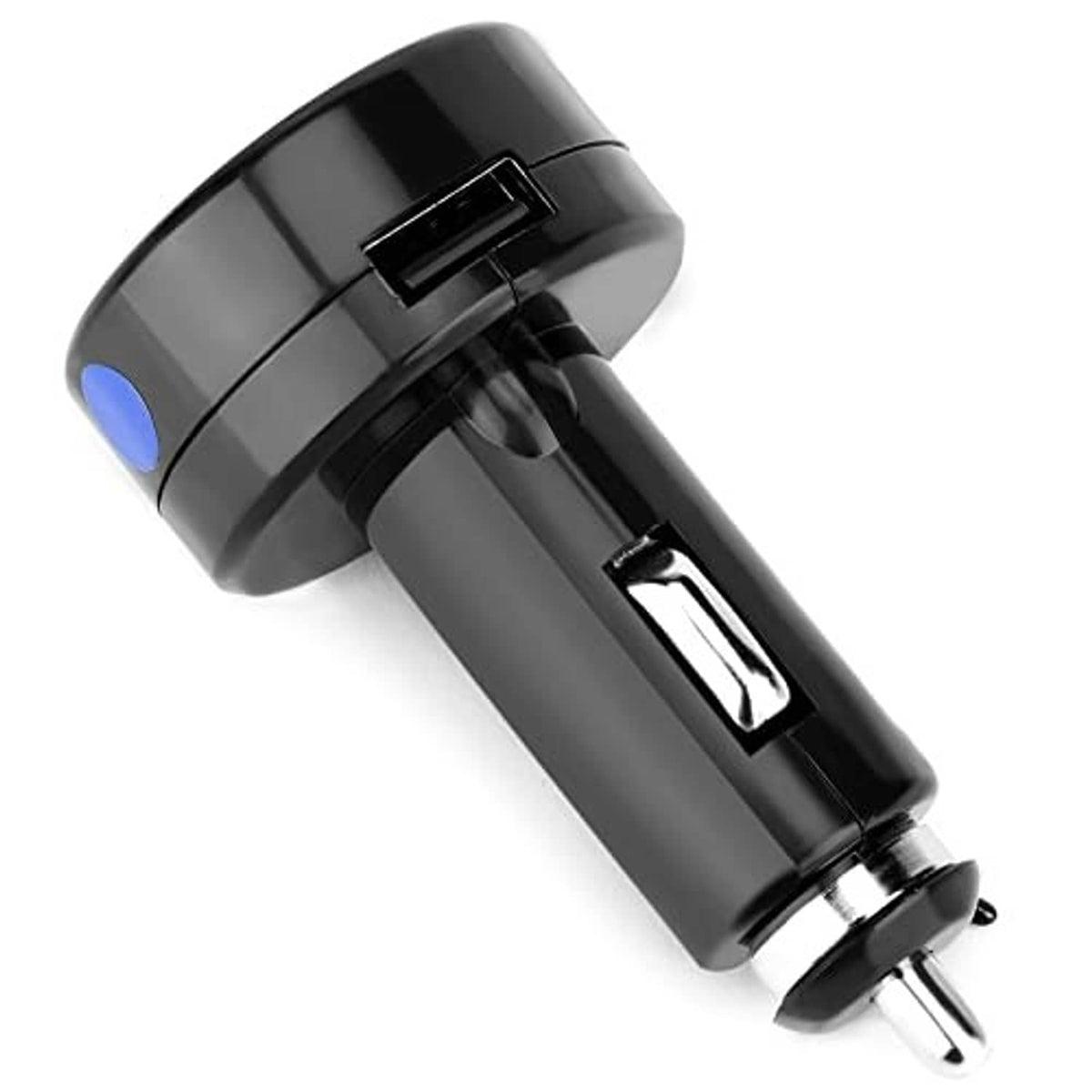 Black car charger monitor end view with two prongs and built-in screen