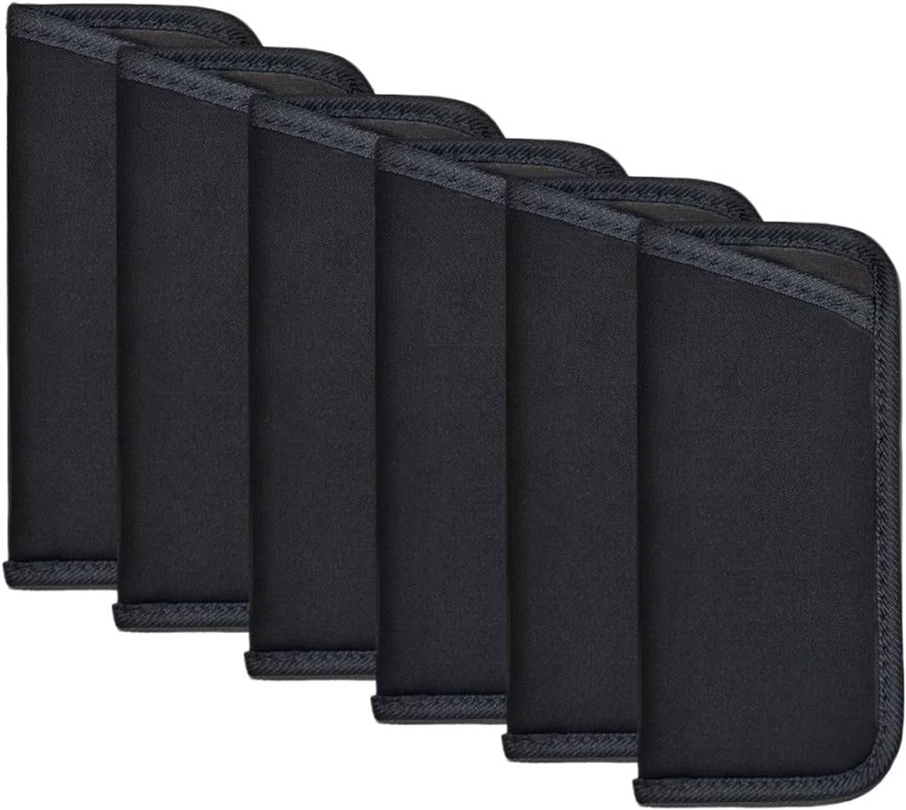 Set of six black slim glasses pouches with braided edging