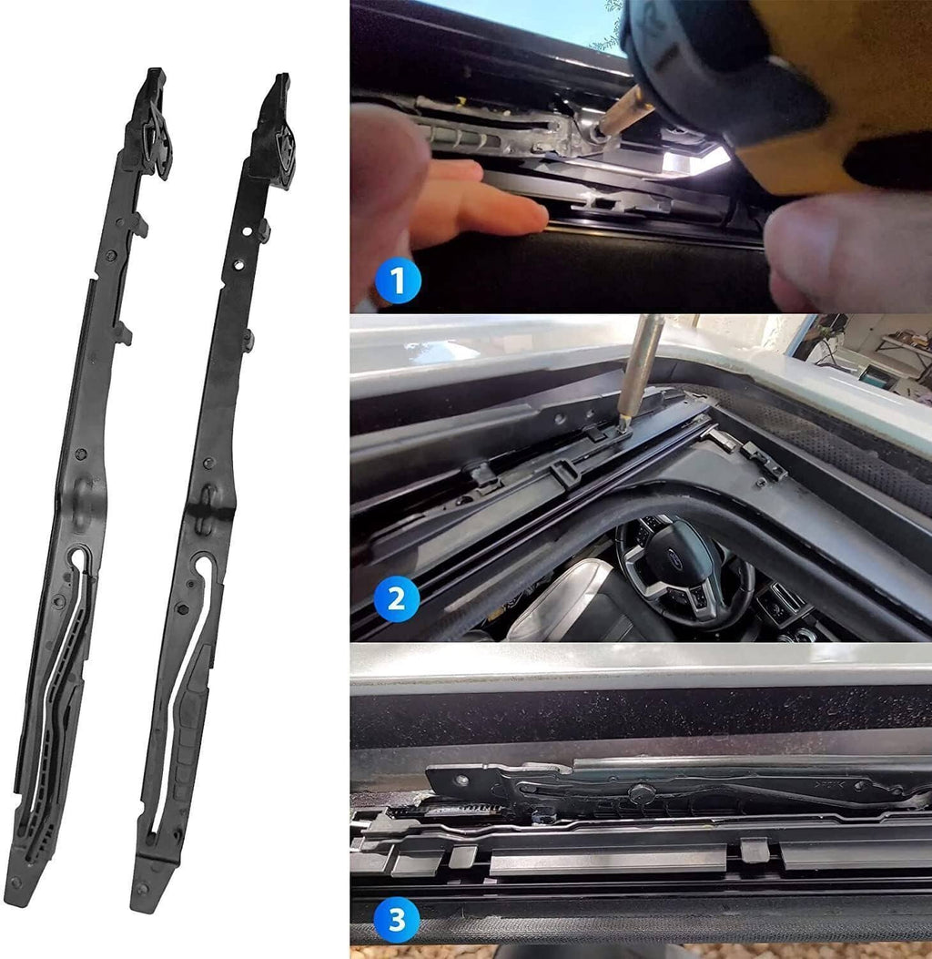 Two black sunroof guide rails positioned for installation inside a vehicle roof opening