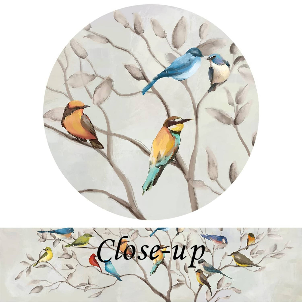 Close-up view of colorful birds on tree branches in watercolor-style canvas art