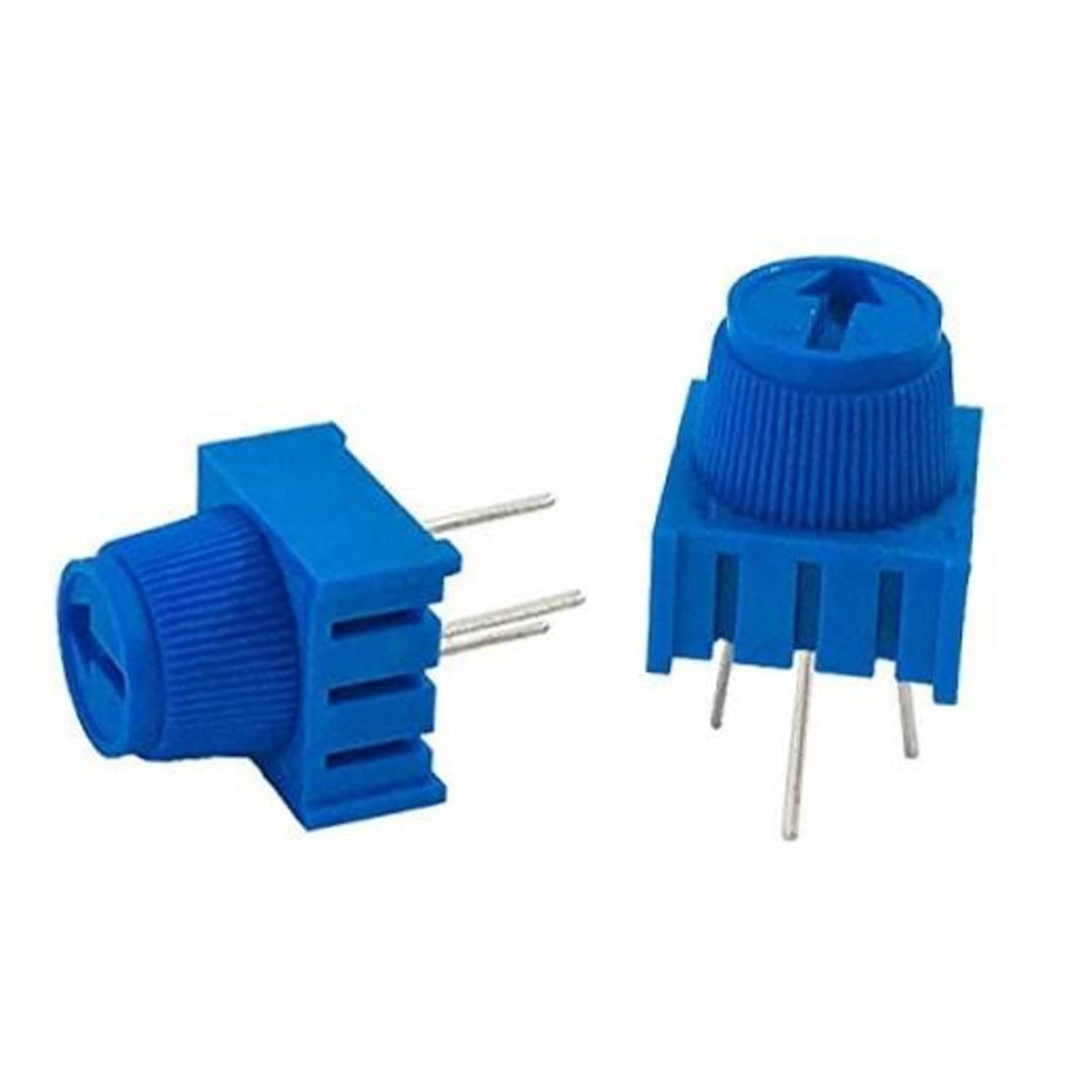 Blue panel mount trimmer potentiometer with adjustment knob and 3 metal pins