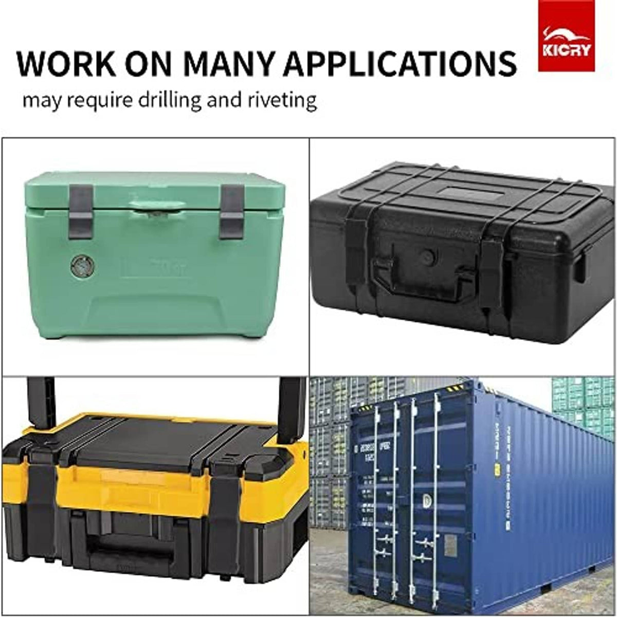 Black rubber draw latch shown on storage boxes in multiple applications