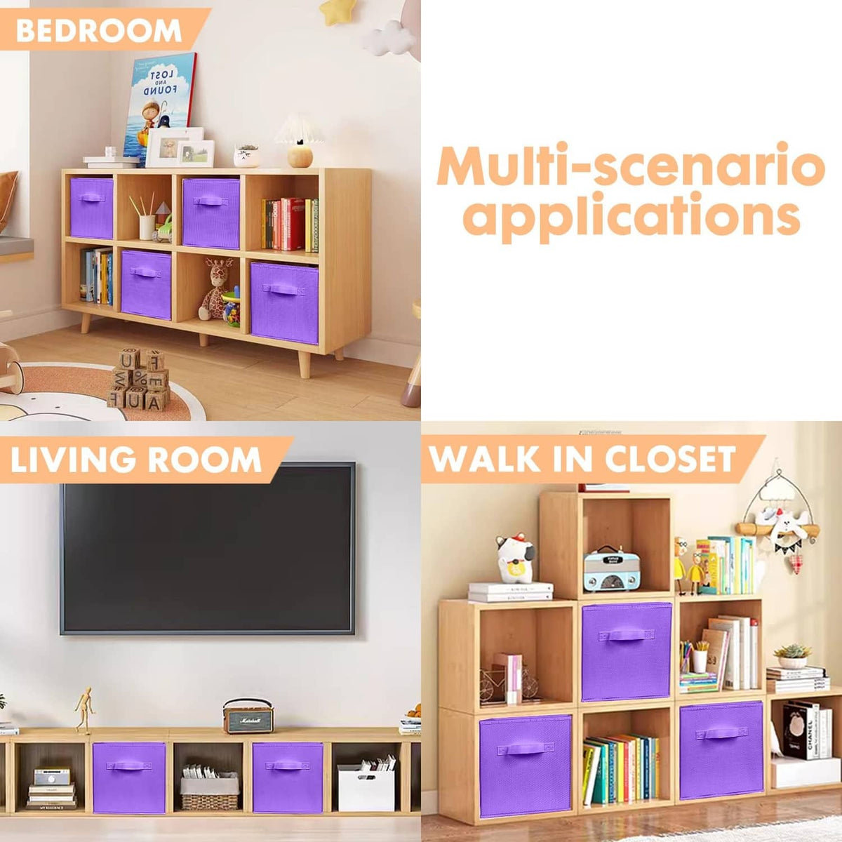 Violet foldable fabric storage cubes with front handles on shelves for organization