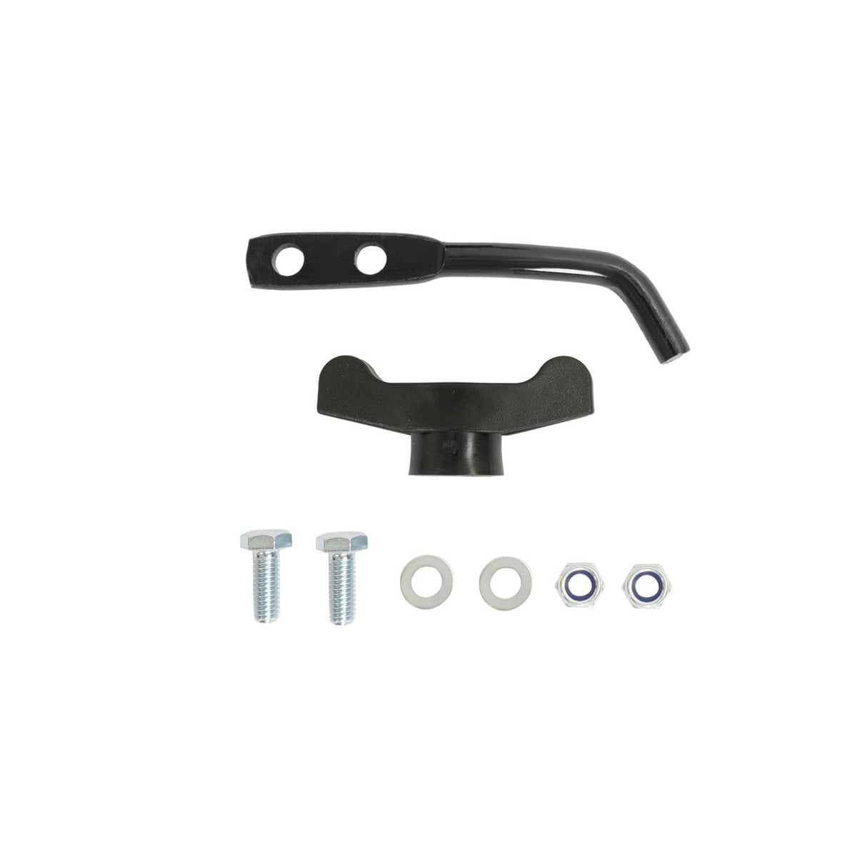Mulching blade kit with black blade, mounting bracket, screws, washers, and nuts