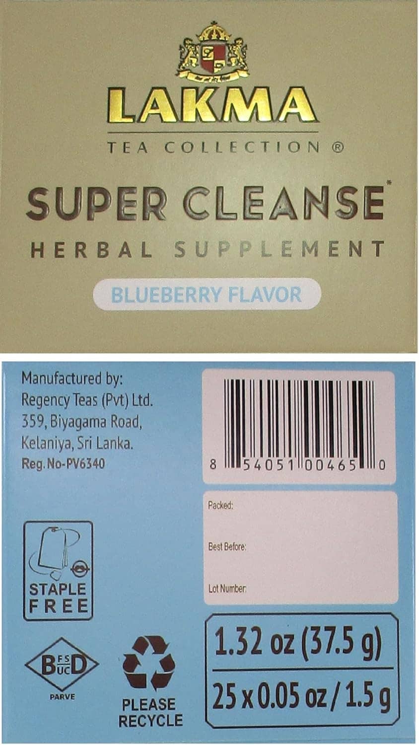 Lakma Super Cleanse box back with barcode, ingredients, and supplement info