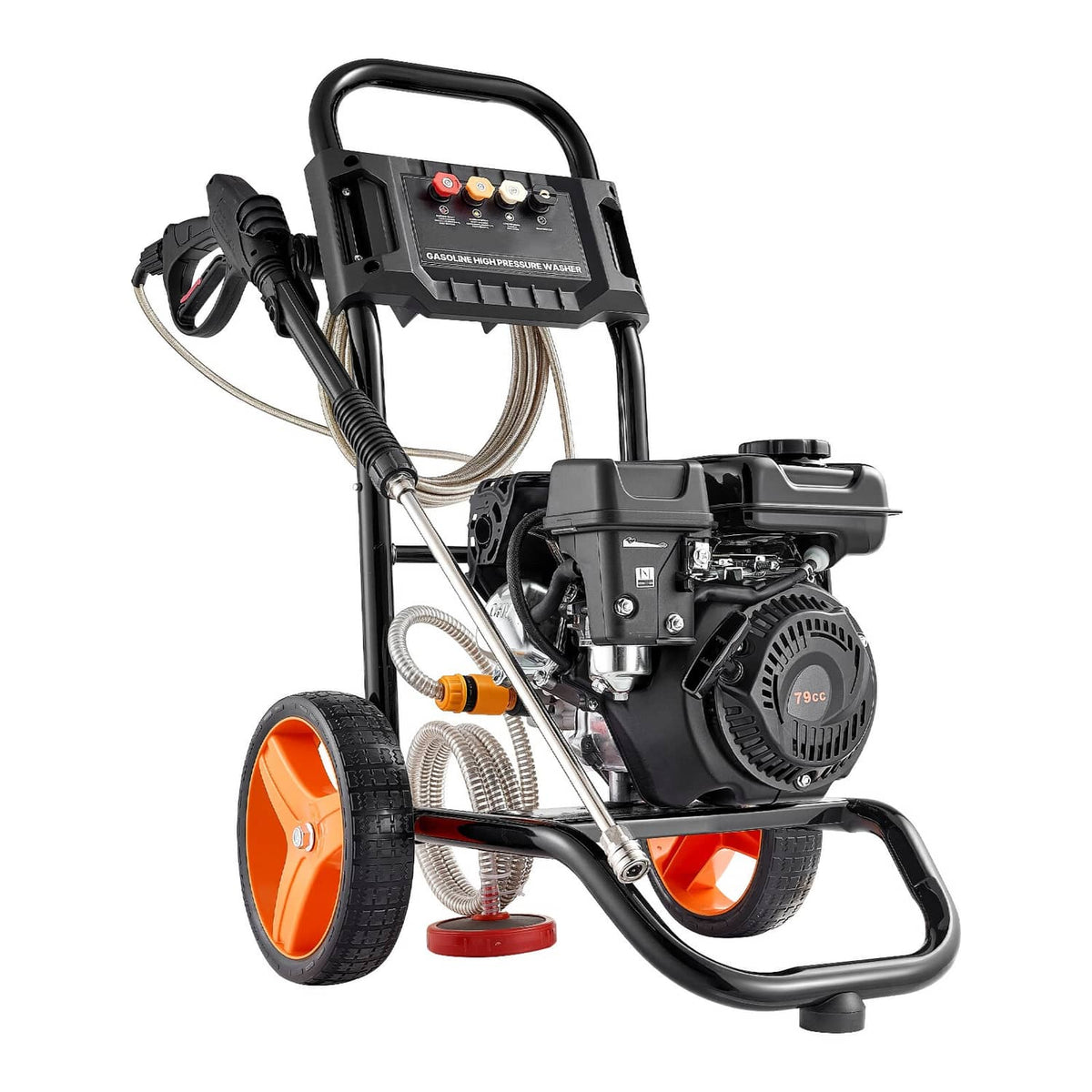 Gas pressure washer three-quarter view with engine housing, spray wand, and hose