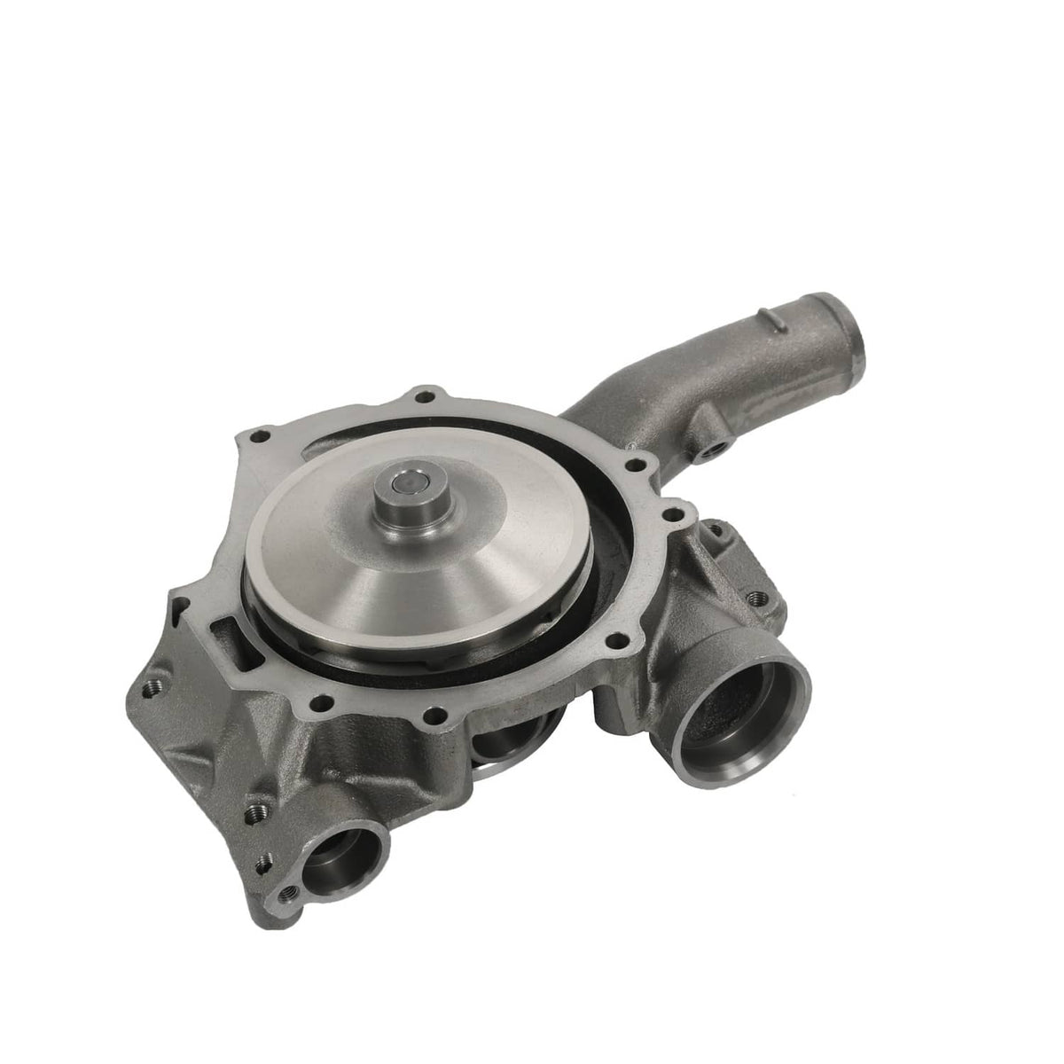 Water pump assembly close angle, dark gray housing with silver impeller and outlet pipe