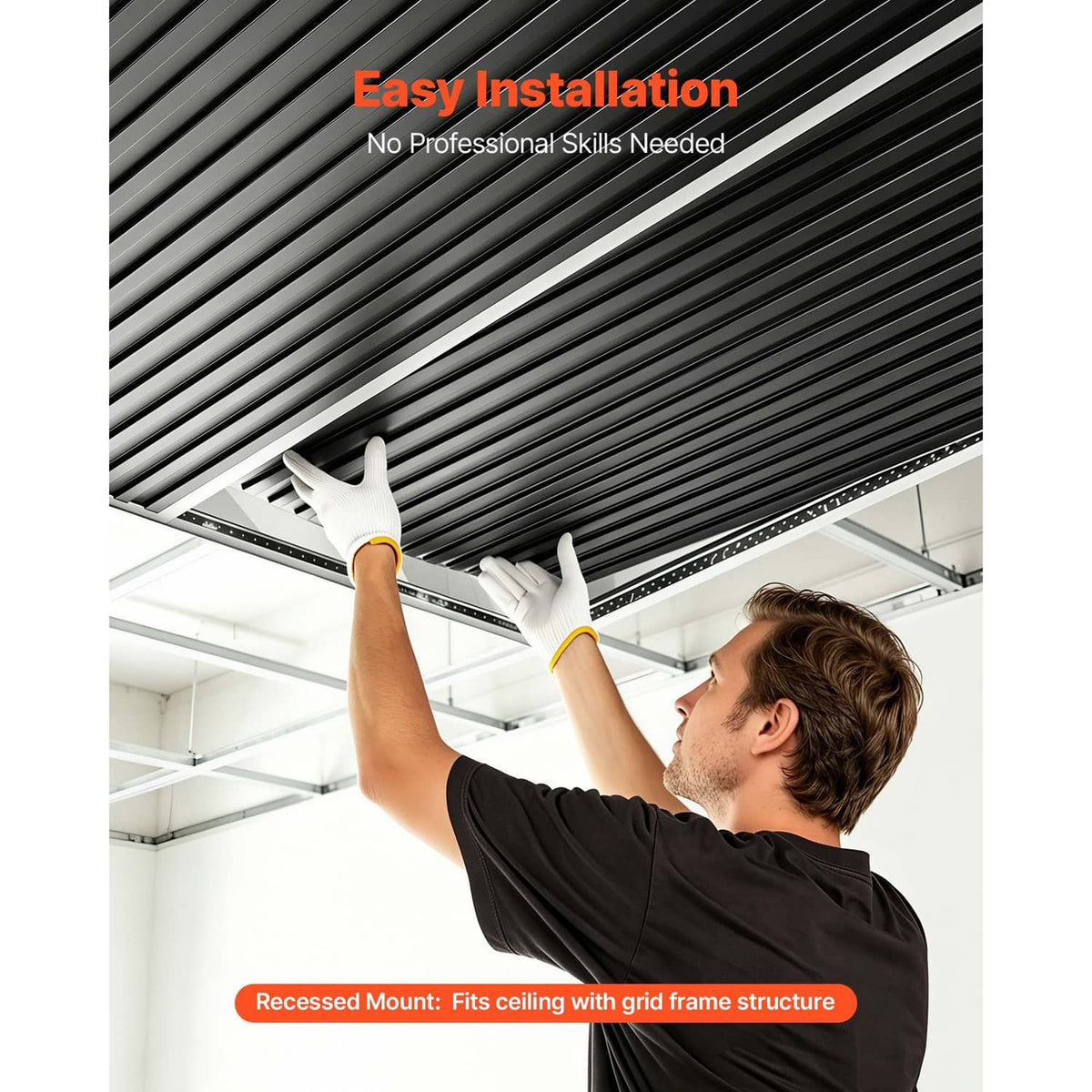 Black linear ridged ceiling tiles installed on a ceiling grid