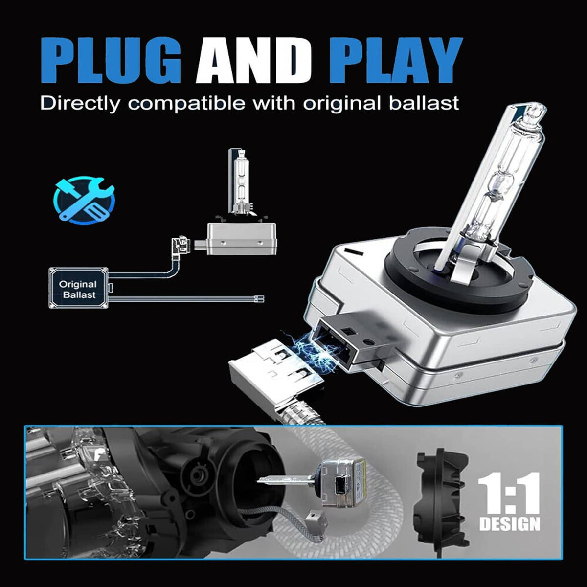 Plug-and-play HID xenon headlight bulb kit with ballast unit and wiring connector