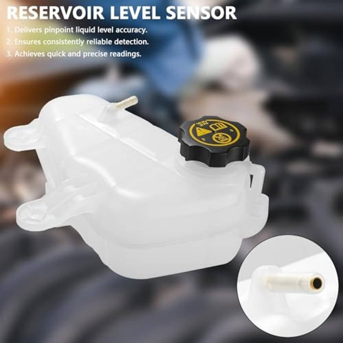 White coolant reservoir tank with level sensor and yellow-black radiator cap