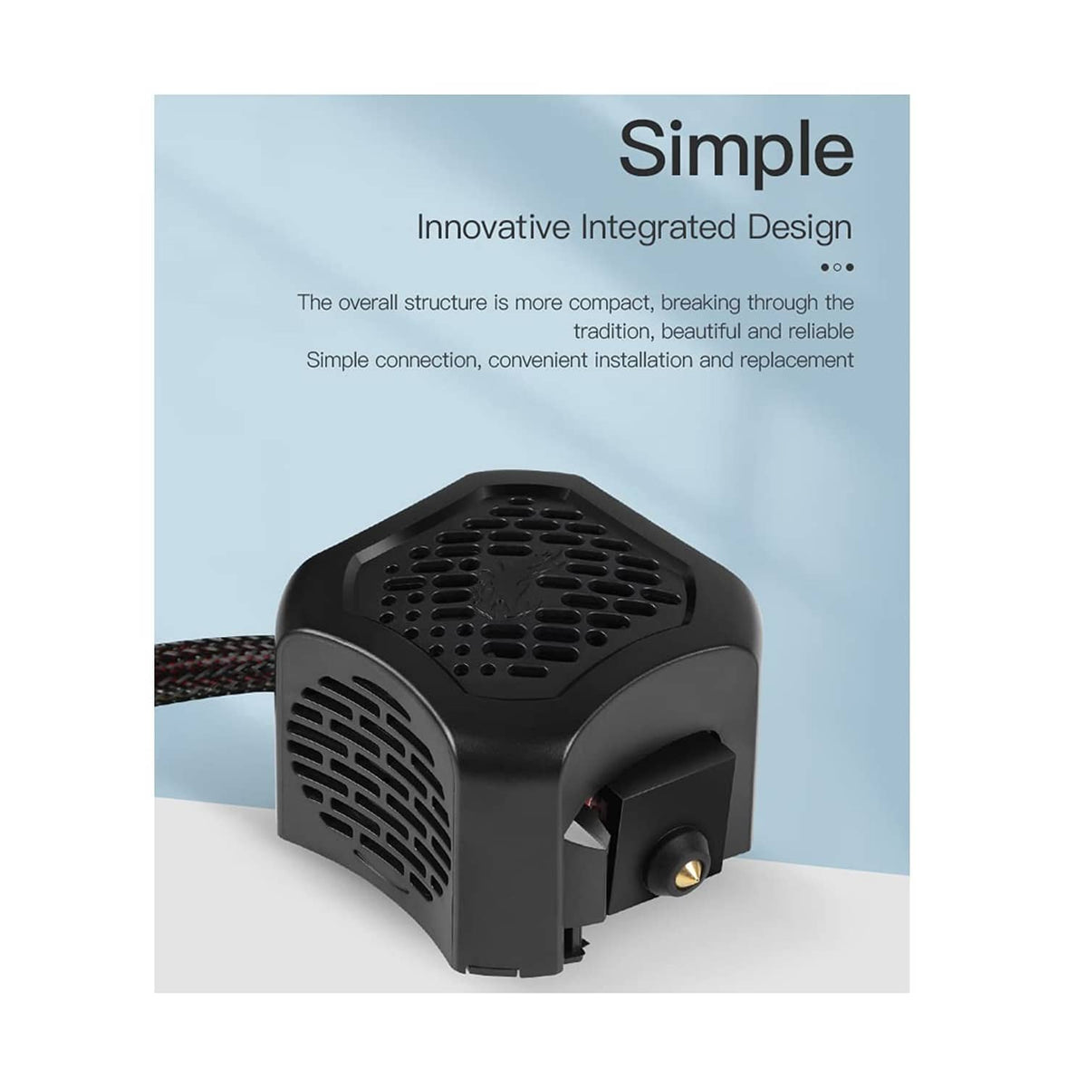 Black hotend housing with vented fan cover and nozzle mount