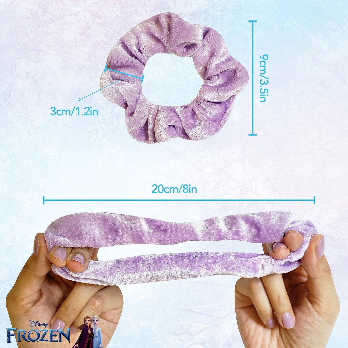 Lilac velvet scrunchie and matching long hair tie with icy-blue fabric trim
